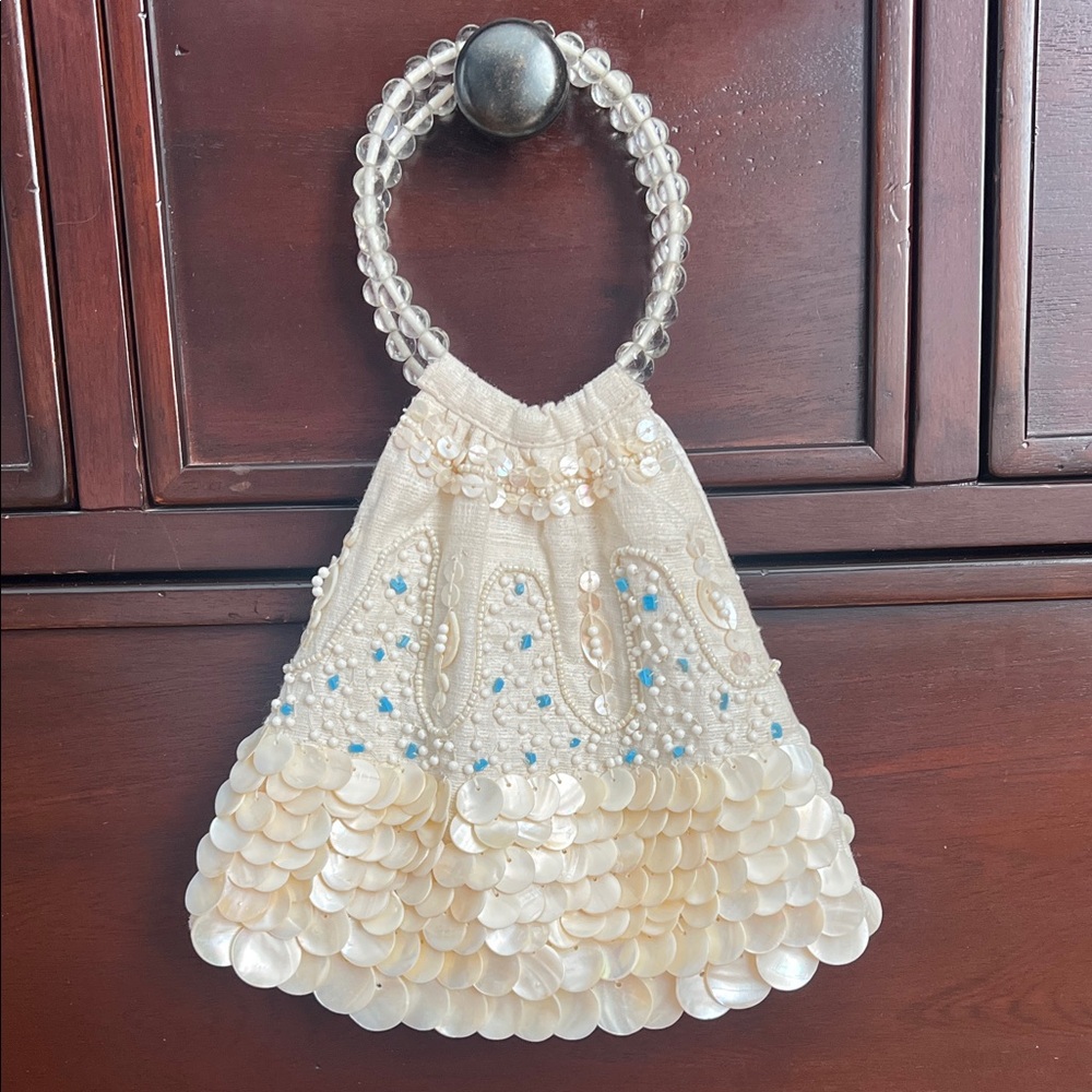 Moyna Cream and Blue Beaded Handbag